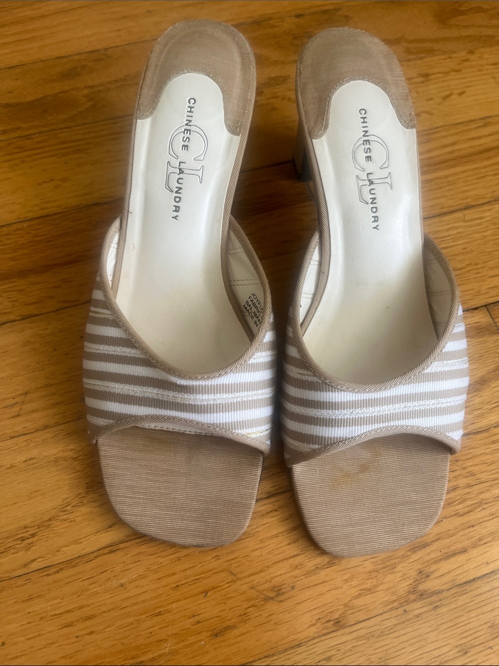 Chinese Laundry Beige and White Striped Open-Toe Mules